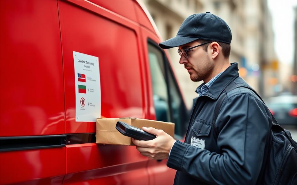 Courier scanning a parcel barcode beside a red delivery van
