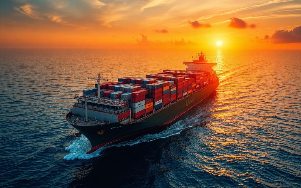Container cargo ship at sea loaded with freight containers